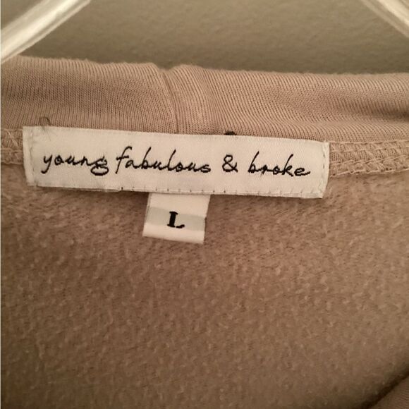 YOUNG FABULOUS AND BROKE SIZE LARGE TAN DOLMAN SLEEVE PULLOVER CROPPED HOODIE - Picture 6 of 7